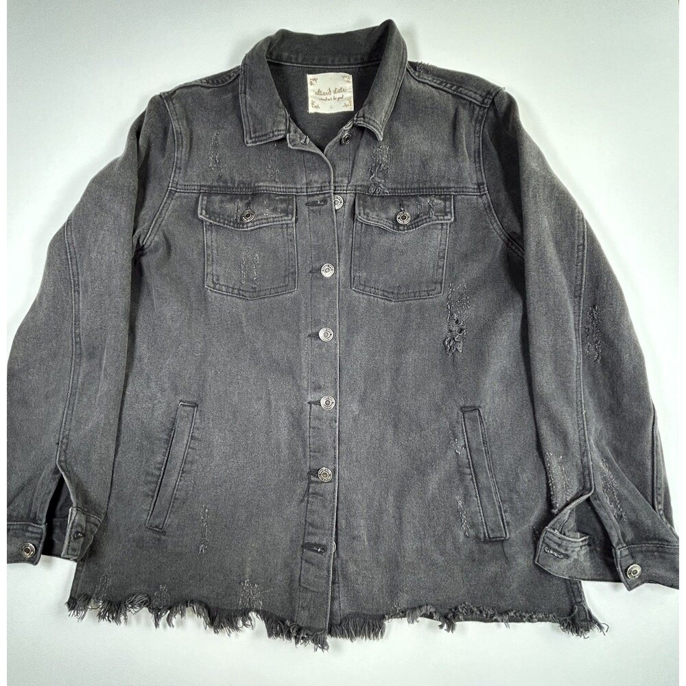 Altar'd State Black Distressed Denim Jacket Shacket Frayed Fringe Hem Women's L
